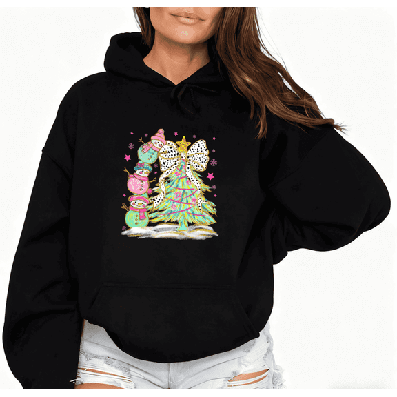 Pink Snowman Tree Christmas Graphic Comfortable Tee T-Shirt Print Top Hooded long-sleeved Black S-2XL