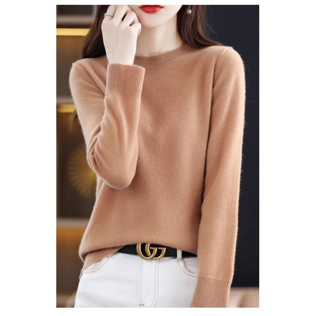 Suéter de lana pura de otoño, camisa de punto para mujer, cuello redondo, suelto, color sólido, estilo occidental, suéter de punto que combina con todo