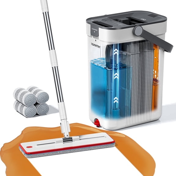 Separate Clean/Dirty Water 3-Tank Flat Mop System, 65” Long Handle 8 Washable Pads for Hardwood, Tile & Walls by HoMettler