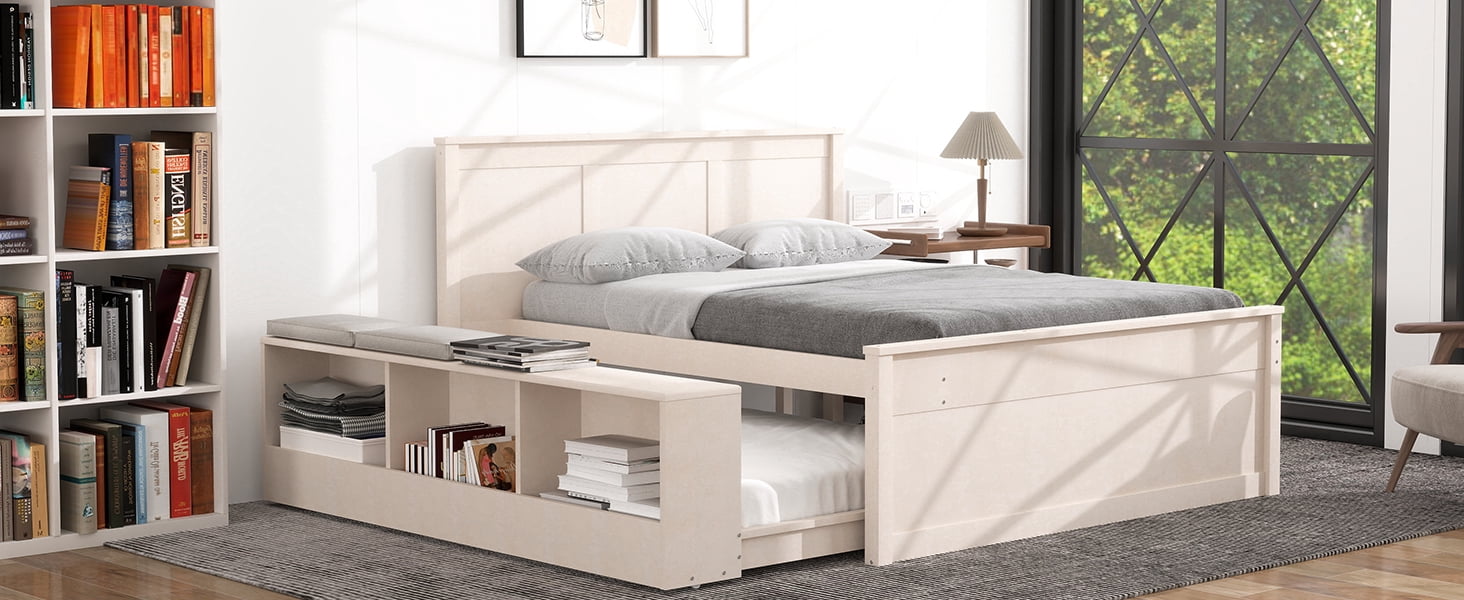Mintazer Full Platform Bed with Pull-Out Trundle, Modern Bookcase Bed with Storage Cabinet, No Box Spring Needed, White