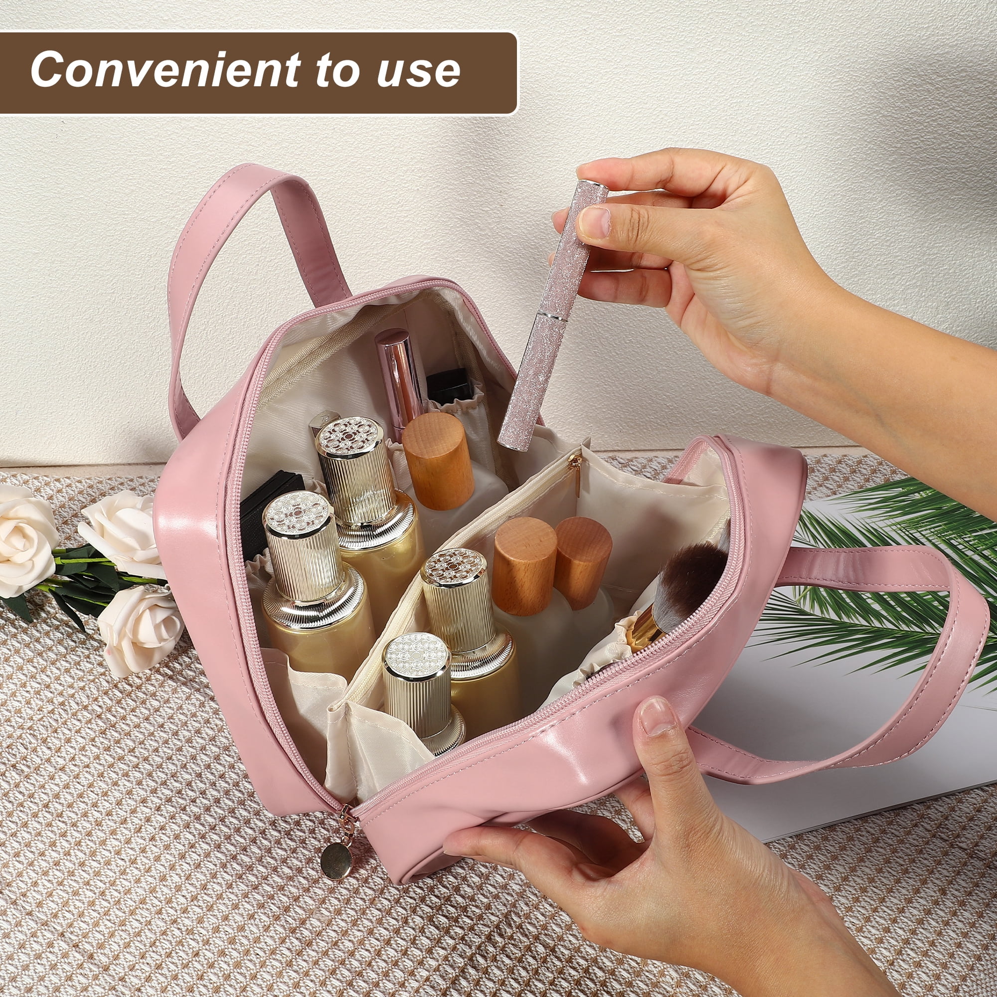 Unique Bargains Handhold Cosmetic Bag Portable Makeup Bag Makeup Pouch Bag w Handle Pink