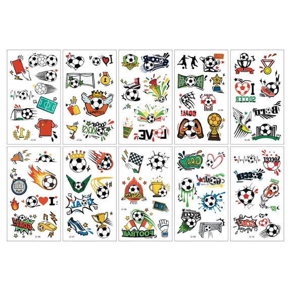 Soccer Temporary Tattoos | Cartoon Soccer Tattoo Stickers for Game Day Events | 4 X 2 Inch Each | Sports Fan Body Art for Tailgates Parties | Assorted Designs | 10 Sheet Pack