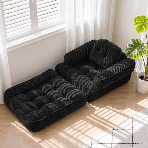 2-in-1 Memory Foam Convertible Sofa Bed, Corduroy Cloud Boneless Futon Couch with Pillows, Adjustable Backrest Single Pull-Out Sleeper, No Assembly Space Saver for Small Rooms, Apartments & Offices