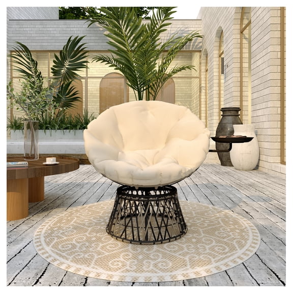 Outsunny Swivel Papasan Chair, 39" Overstuffed Circle Chair with Side Tray, Outdoor Patio Chair, Beige