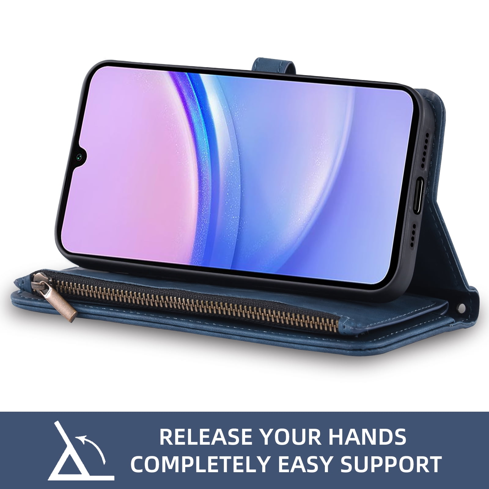 Asuwish Phone Case for Samsung Galaxy A15 5G/4G Wallet Cover With Tempered Glass Screen Protector Crossbody Wrist Strap Flip Pattern Zipper Credit Card Holder Stand Cell A 15 G5 15A Women Men Blue