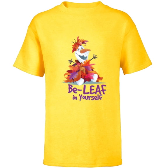 Disney Frozen Olaf Autumn Fall Funny Be-LEAF in Yourself - Short Sleeve T-Shirt for Kids - Customized-Yellow