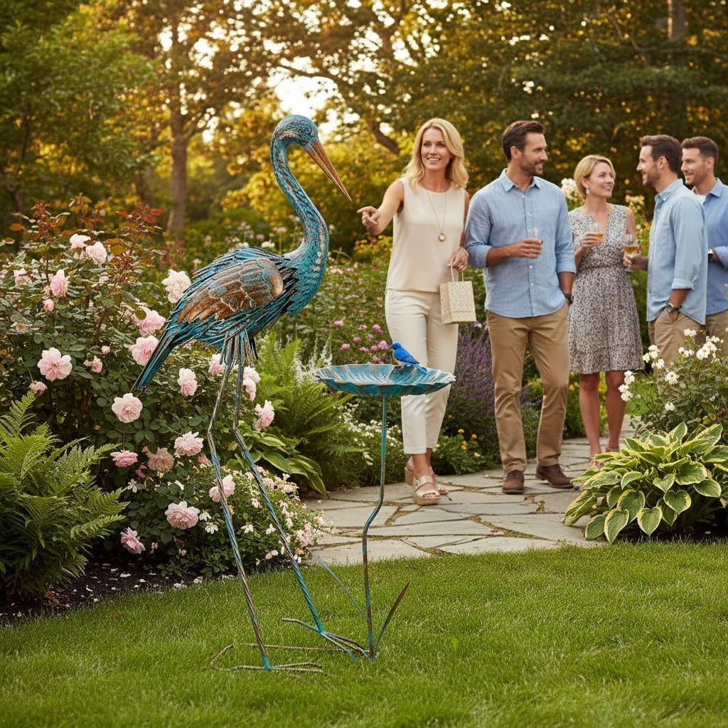 Metal Crane Garden Statue for Outside, Large Heron Outdoor Statues with Leaf Tray, Elegant Crane Yard Art Garden Decor for Garden Yard, Porch