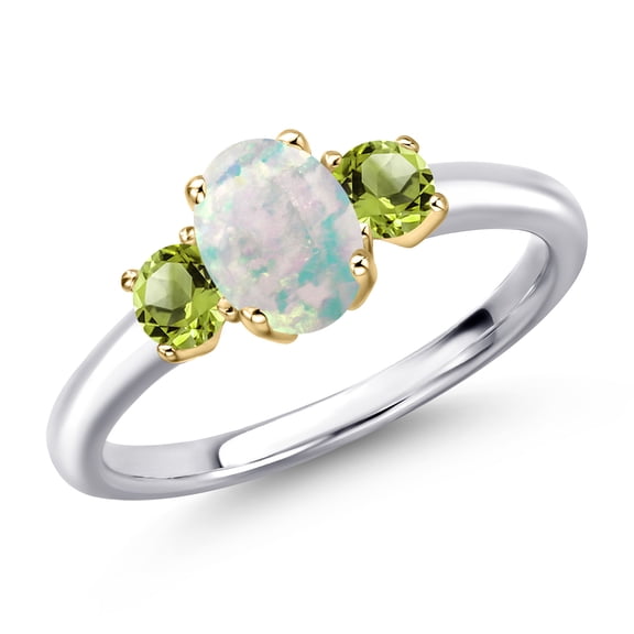 Gem Stone King 10K Two Tone Gold Simulated White Opal and Green Peridot Engagement Ring for Women | 1.41 Cttw | Oval Cabochon 7X5MM | Gemstone October Birthstone | Size 7