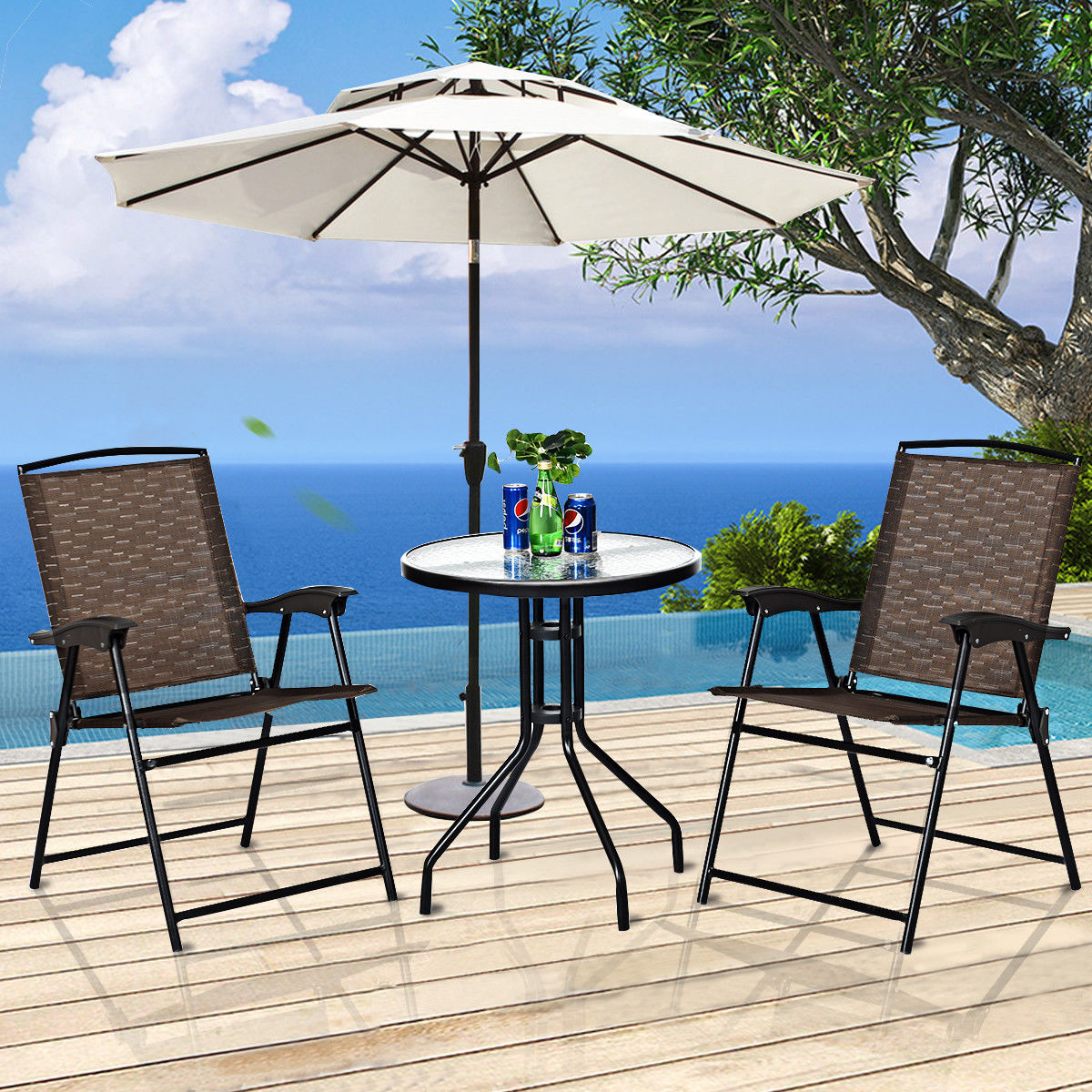 Costway 3PC Bistro Patio Garden Furniture Set Folding Chairs Glass Table  Top Steel