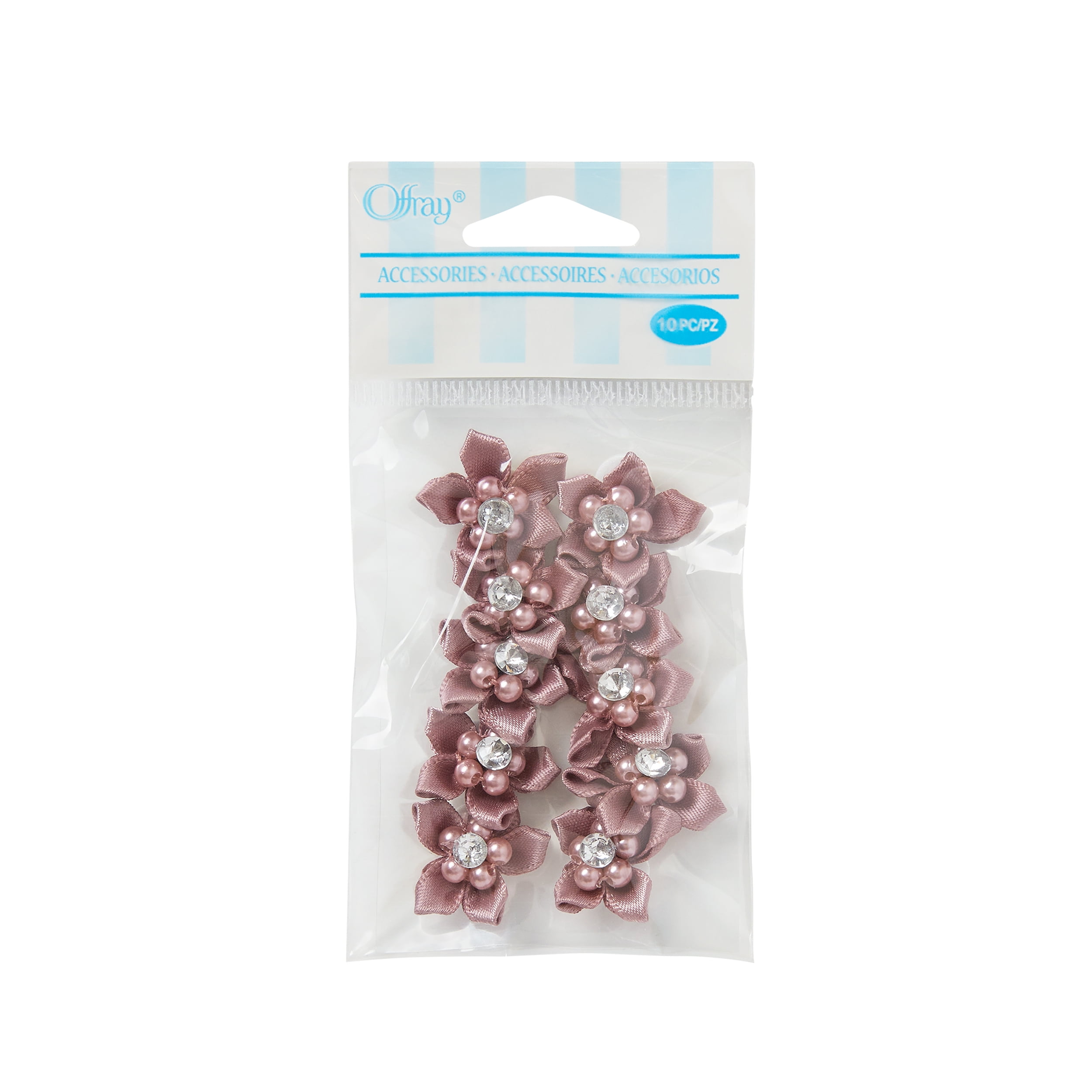 (2 pack) Offray Ribbon Accessories 3/4-Inch Mauve Satin 5-Petal Flowers with Rhinestone Center, 10-Pack