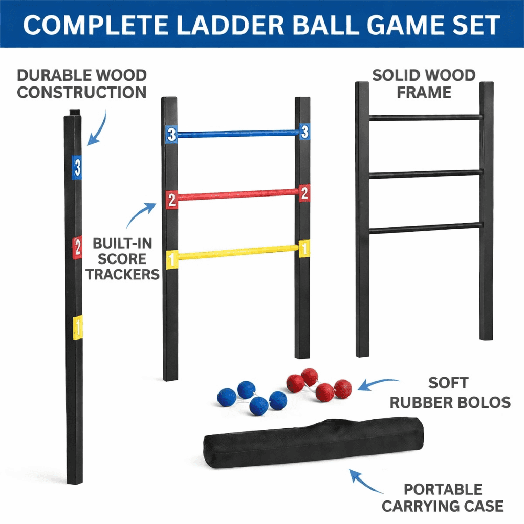 Bolaball Wooden Ladder Toss Game – Outdoor Ladder Ball Set for Backyard, Beach & Tailgating | Durable Wooden Frame | Soft Rubber Bolas | Carrying Case Included | Easy Assembly Family Yard Game