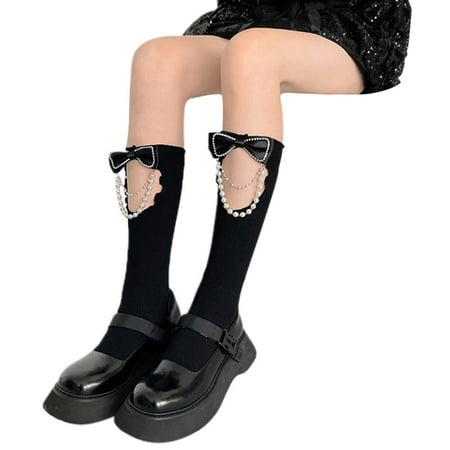 

Women Y2k Knee High Stocking Bow Pearls Chain Cutout Kawaii Mid-Tube Socks Teen Girls Long Socks