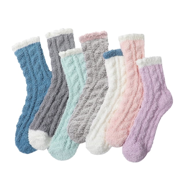 Aocisk 7 pairs of women's fuzzy socks in multicolour, featuring soft microfiber material and a cozy, textured design. These winter slipper socks are shown in assorted colours, including blue, grey, mint green, white, pink, and lavender, with a fuzzy interior for warmth. Designed for home lounging or sleeping, they offer non-slip soles for stability. Pack includes seven pairs, one size fits most.