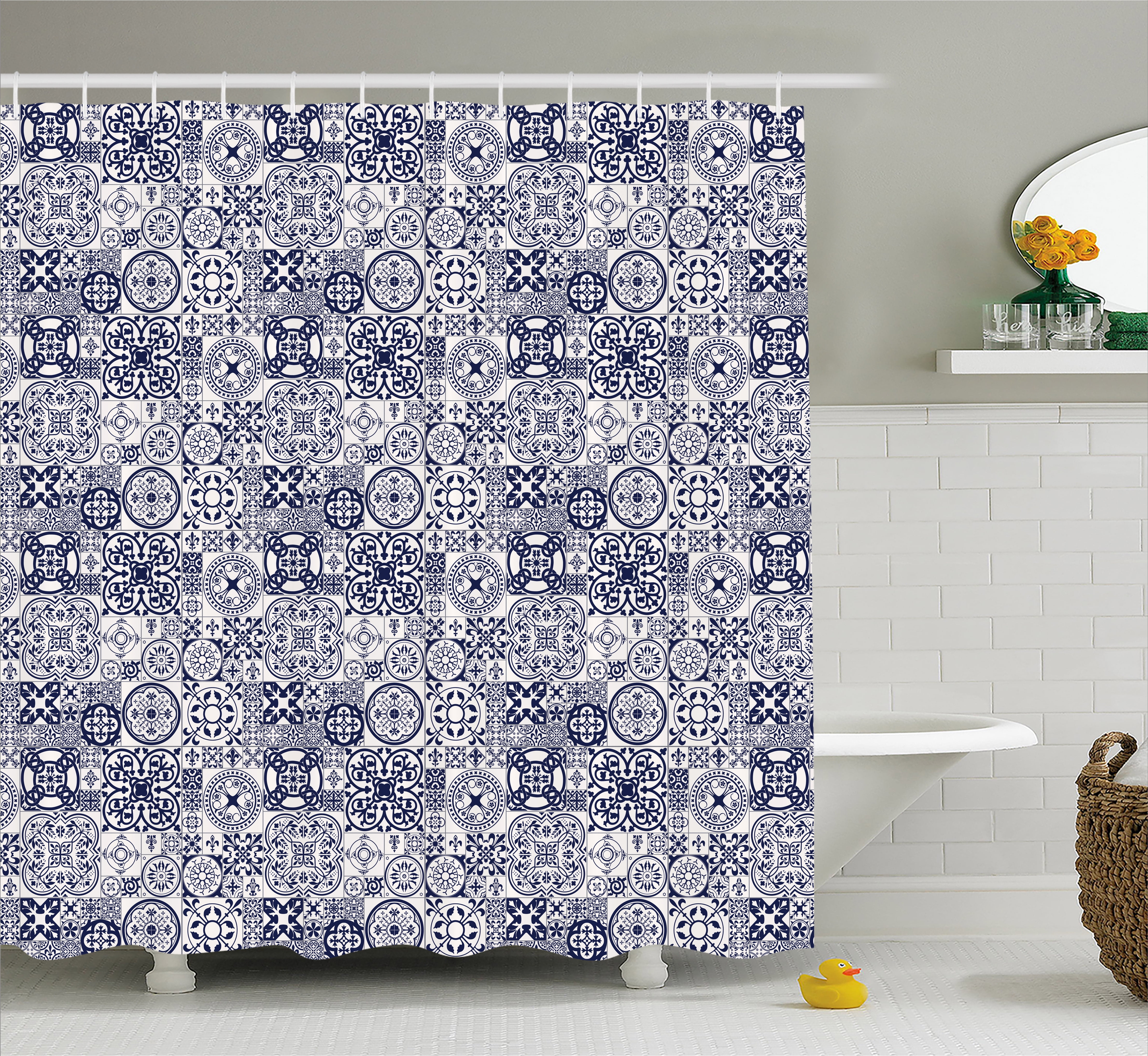 Moroccan Shower Curtain Ceramic Art Pattern Middle Ages Inspirations Portuguese Ornamental Squares Fabric Bathroom Set With Hooks 69w X 70l Inches