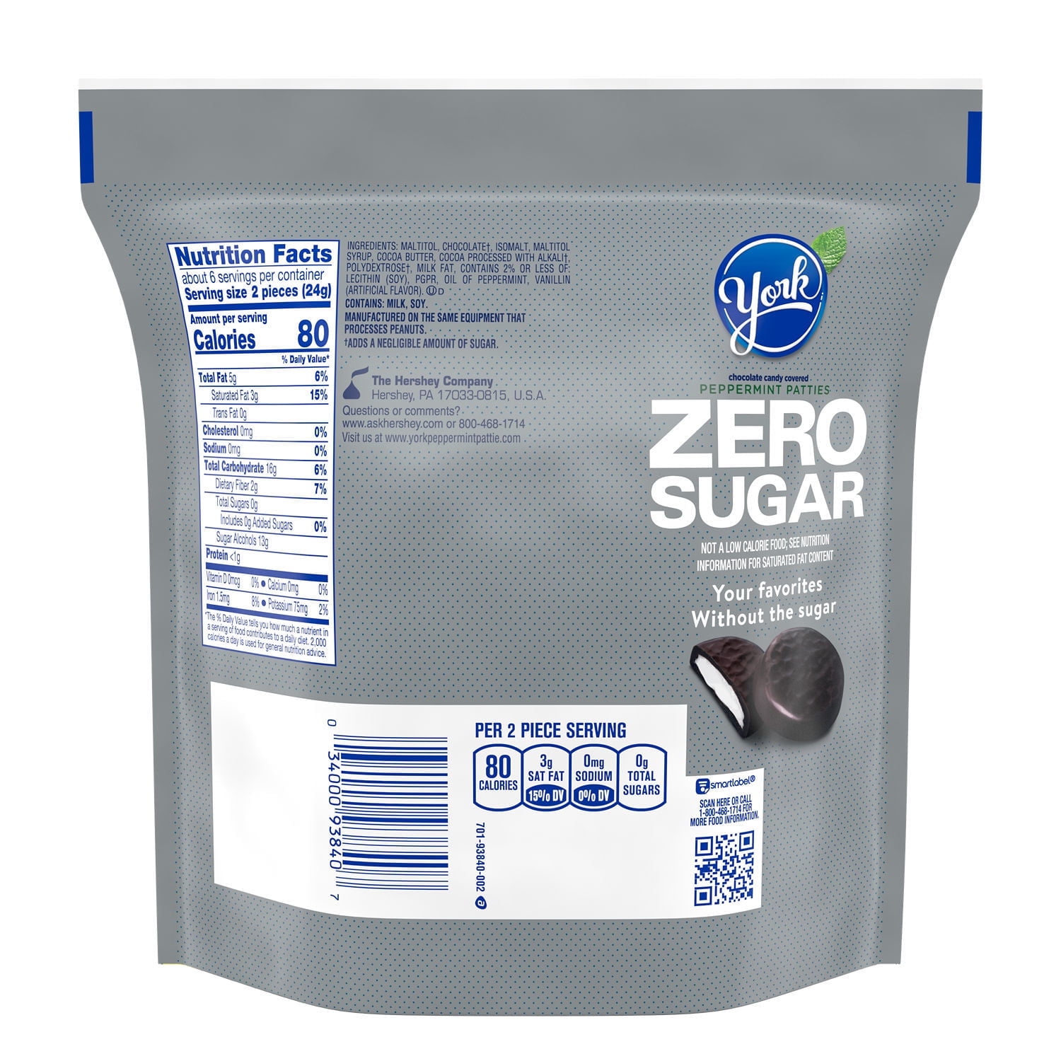 York Zero Sugar Chocolate Peppermint Patties Candy, Bag 5.1 oz(pack of 4)