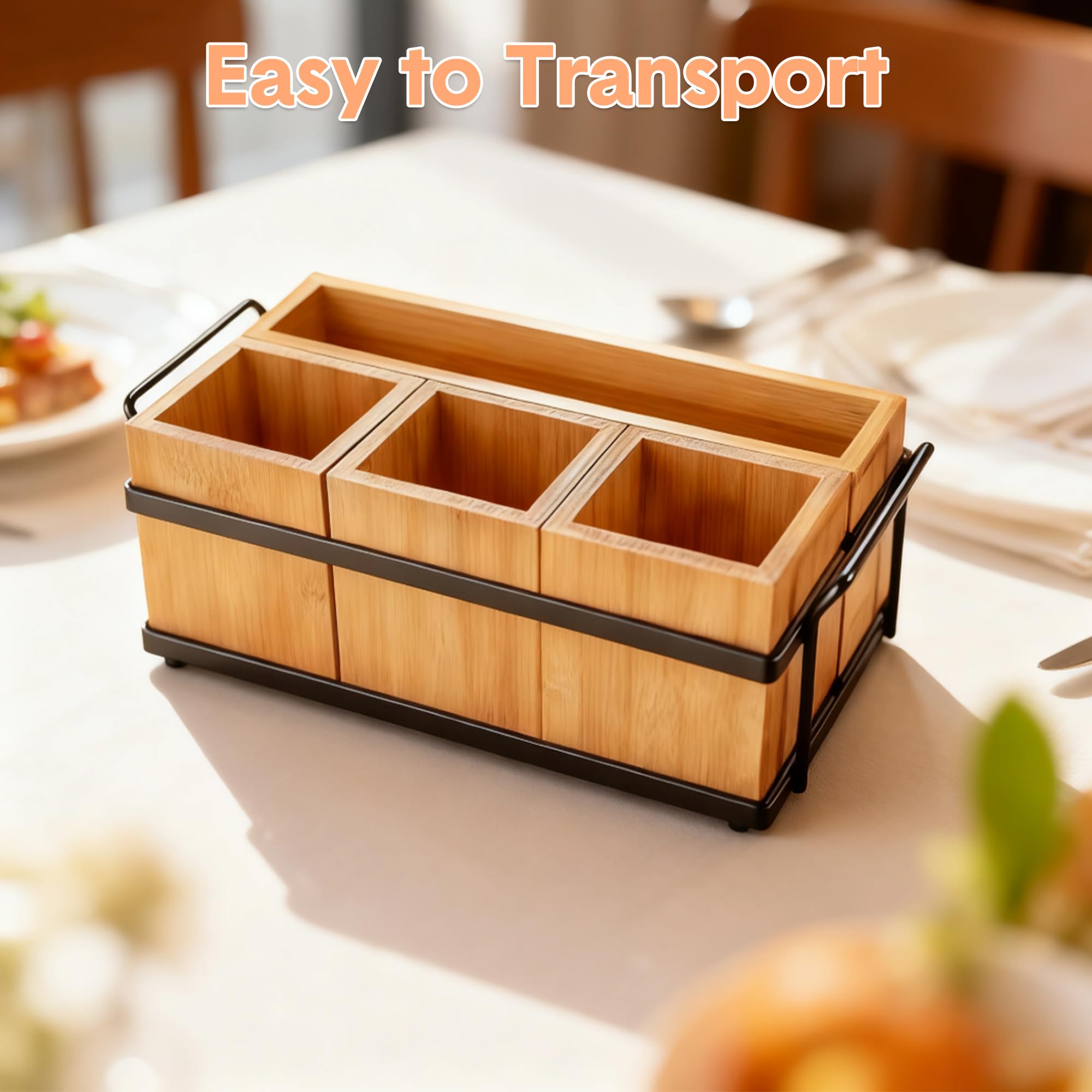 BouPower Bamboo Utensil Holder, Flatware Caddy with 4 Detachable Compartments & Metal Tray, Retro-Chic Silverware Organizer Portable Versatile for Kitchen Camping Picnic Party Buffet