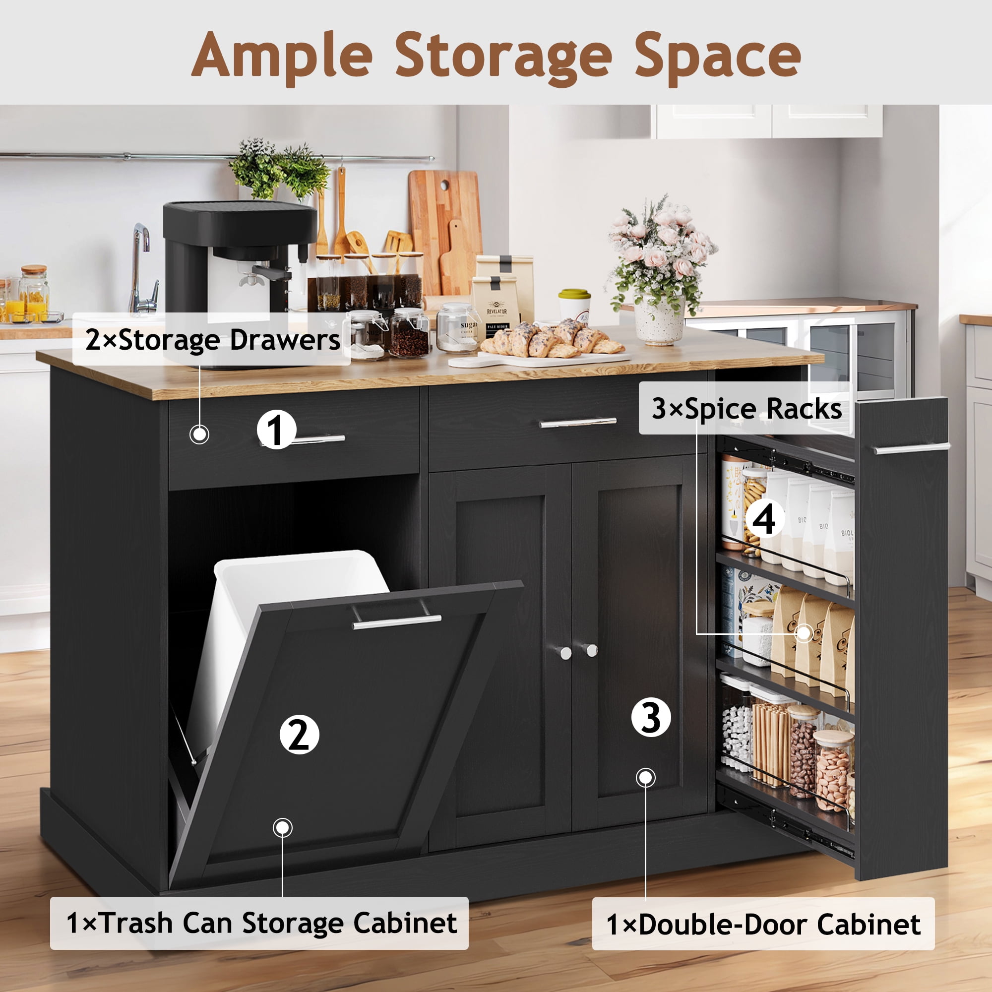 DreamCurship 52" Kitchen Island with Storage, Rolling Kitchen Cart Island with Wheels, Tilt Out Kitchen Trash Cabinet 10 Gallon Storage, 3 Large Spice Racks and 2 Drawers, Black and Brown