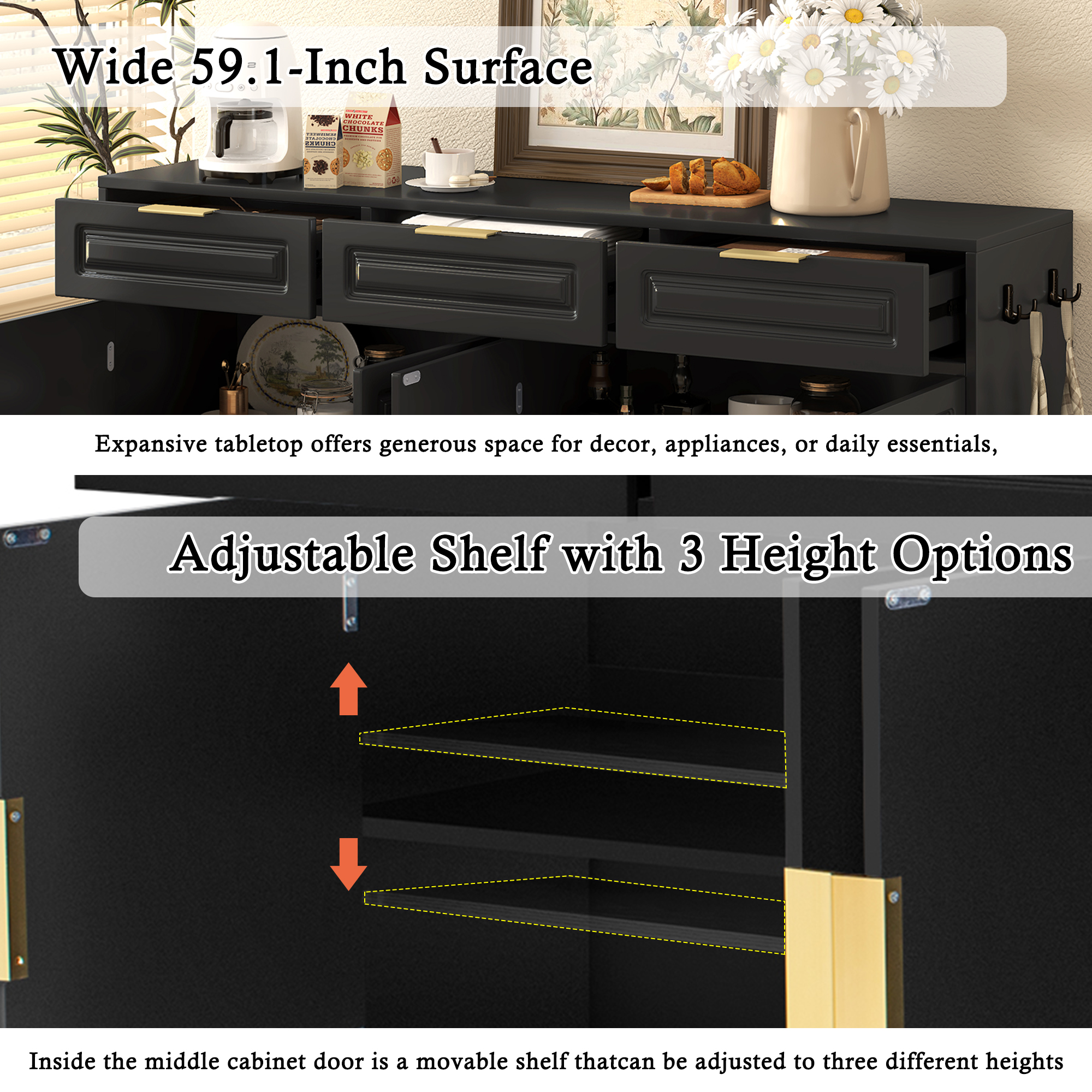Aukfa 59.1" Sideboard Buffet Cabinet,Large Storage Cabinet with 3 Drawers & Adjustable Shelf,Black