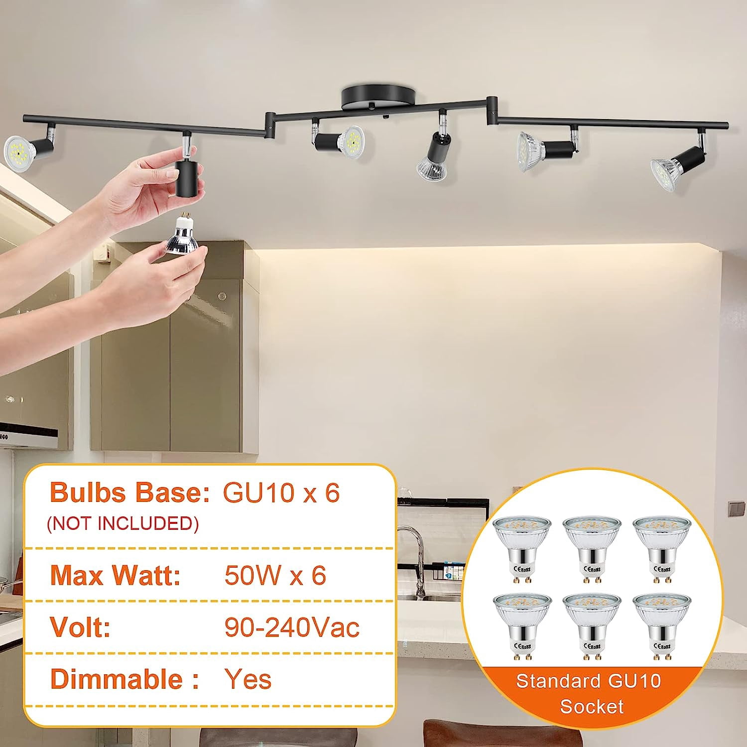 Aiboo Adjustable Dimmable Track Lighting Kit, Matt Black, 6-Light Ceiling Spot Fixtures for Kitchen & Hallway
