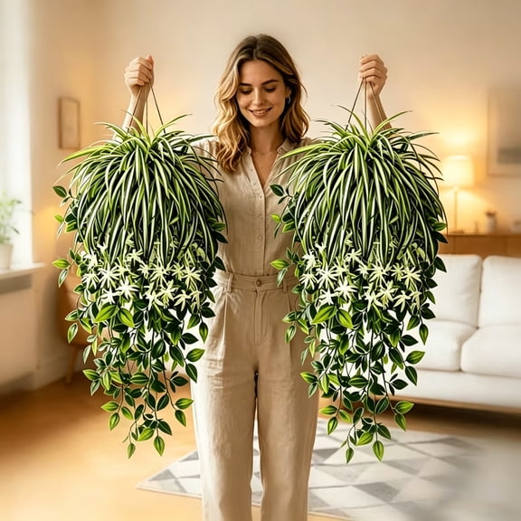 yuHome Simulated Chlorophytum Comosum Hanging Plants Fake Bouquet Green Silk Greenery Artificial Hanging Basket Indoor Outdoor Decor 1 Piece