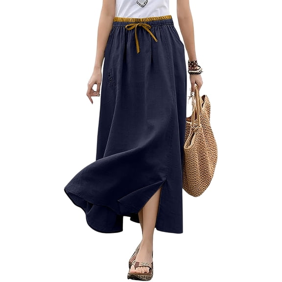 Women's Cotton Linen Midi Skirt Casual A Line Flowy Swing Elastic High Waist Midi Skirts Casual Beach Party Skirt Blue 2XL