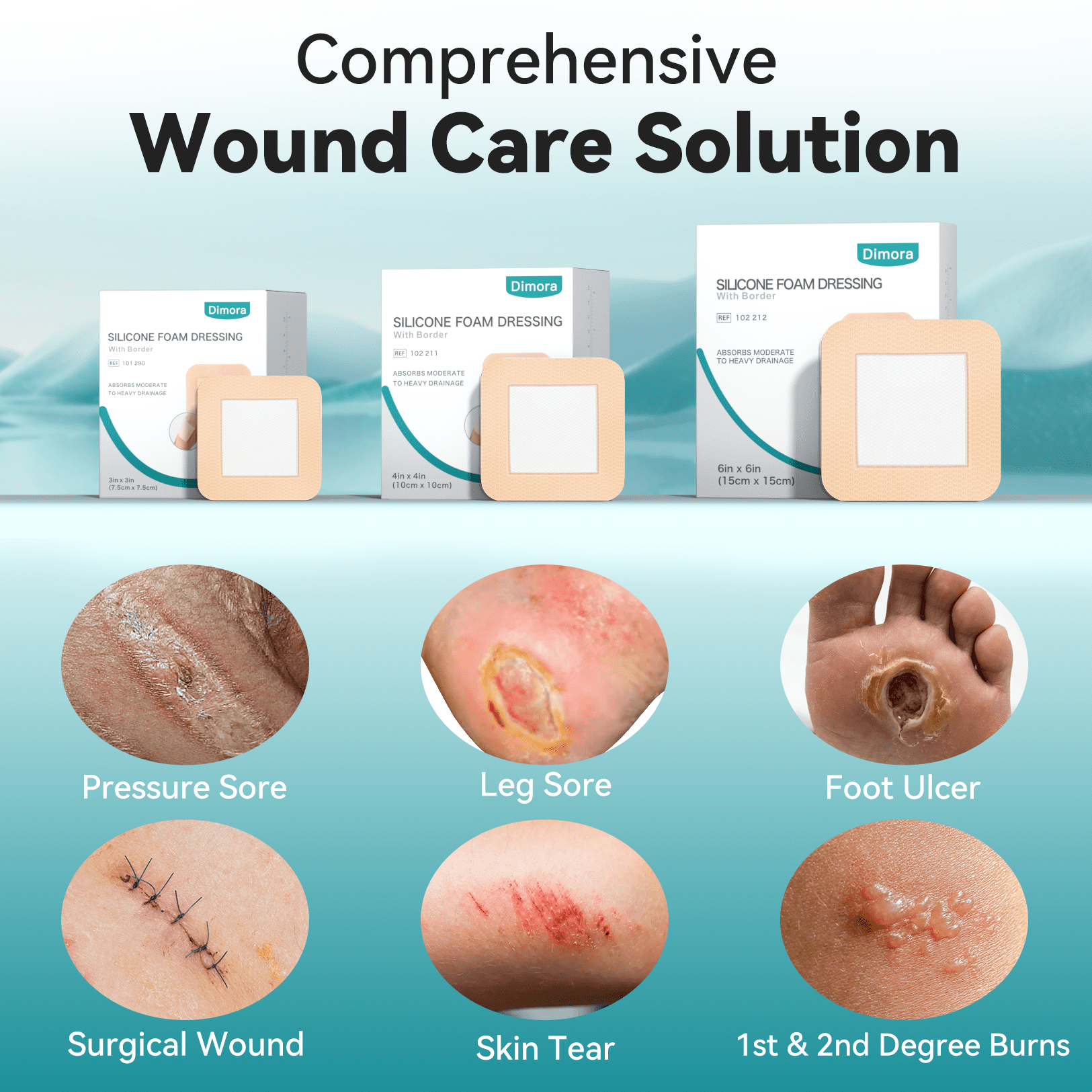 Dimora Silicone Foam Dressing with Border Adhesive 6"x6" Waterproof Wound Dressing Bandage for Wound Care 10 Pack