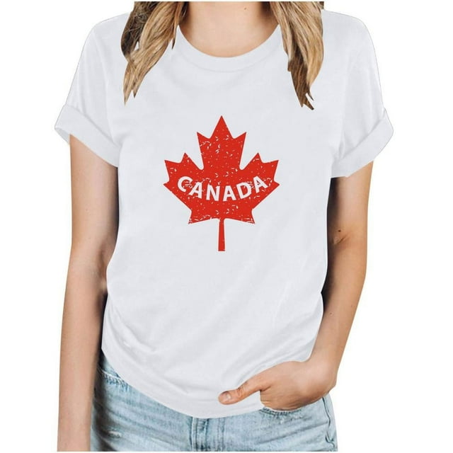 Womens Casual Short Sleeve Basic Summer Tee Tops Canada Day Maple Leaf Print Blouse Round Neck T Shirt