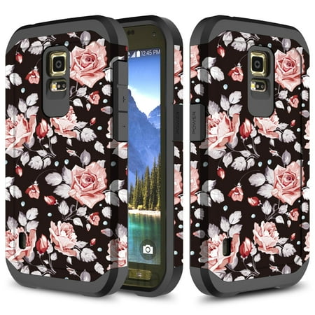 Phone Cases Galaxy S5 Active Galaxy S5 Active Case, TownShop Hard Impact Dual Layer Shockproof Bumper Case for Samsung Galaxy S5 Active G870A - Pink Rose ()