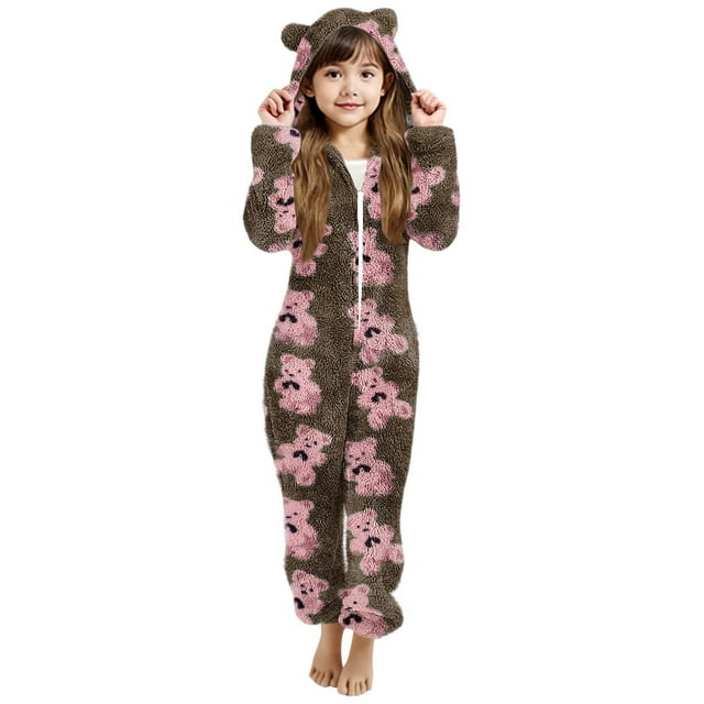 Pyjama à Manches Longues Imprimé à Capuche pour Filles, Pyjama d'Hiver Décontracté et Chaud
