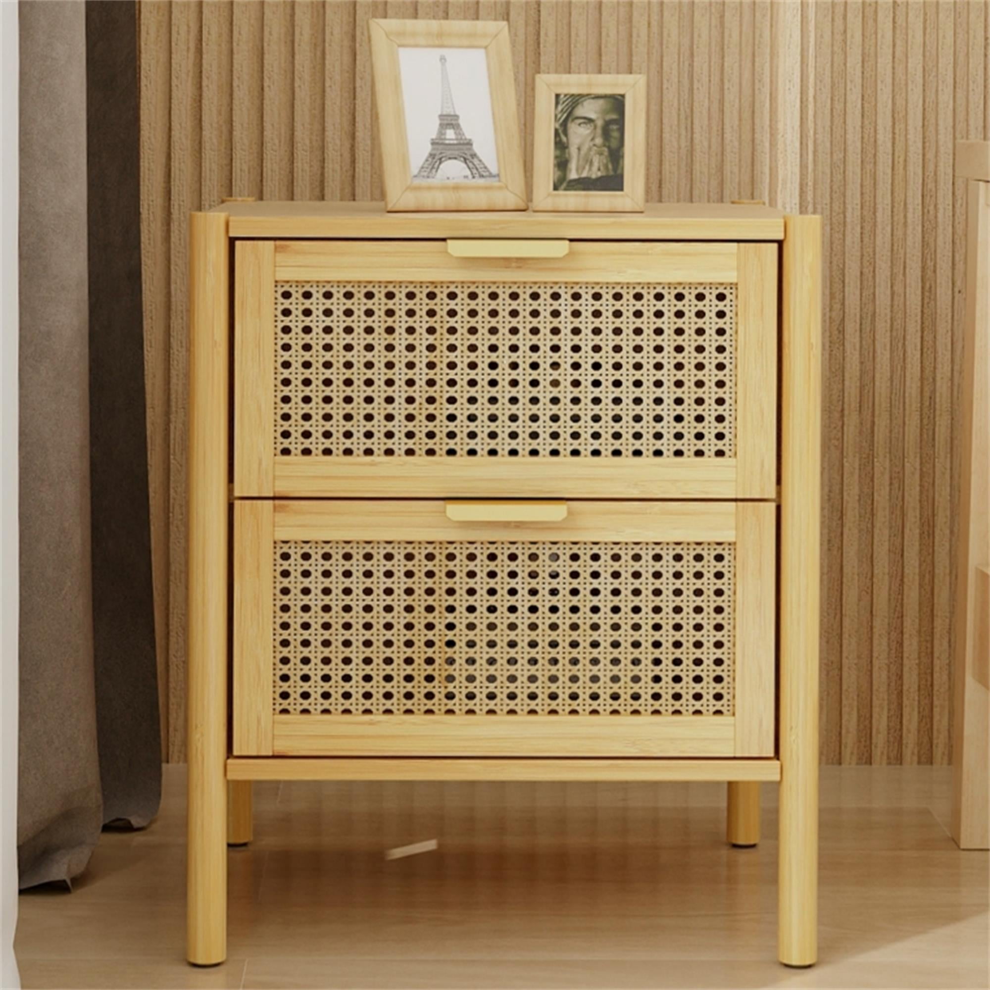 Resenkos Rattan Drawer Bamboo Nightstand for Bedroom Nursery, Accent Bedside Table in Natural Oak Finish