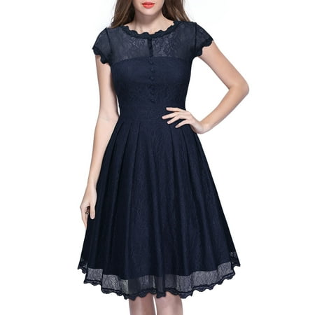 Wedding Dress Cap - MIUSOL Women's Vintage Retro 1950s Floral Lace Cap Sleeve Swing Evening Wedding Bridesmaid Dresses for Women (Navy Blue 3XL)