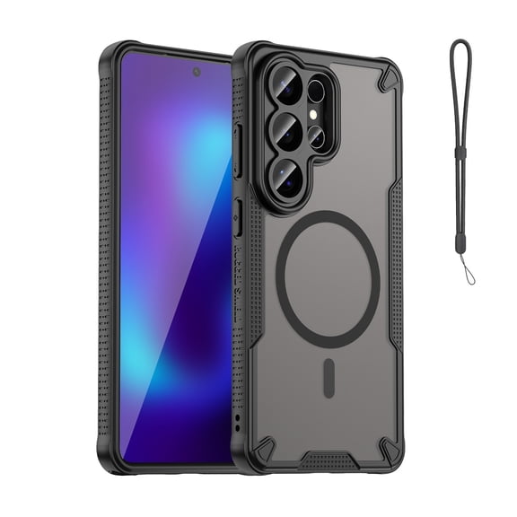 Mynvo Case for Samsung Galaxy S26 Ultra with Wrist Strap, Support Wireless Charging Matte Hard PC TPU Slim Lightweight Protective Rugged Shockproof Magnetic Back Cover for Women Men, Black