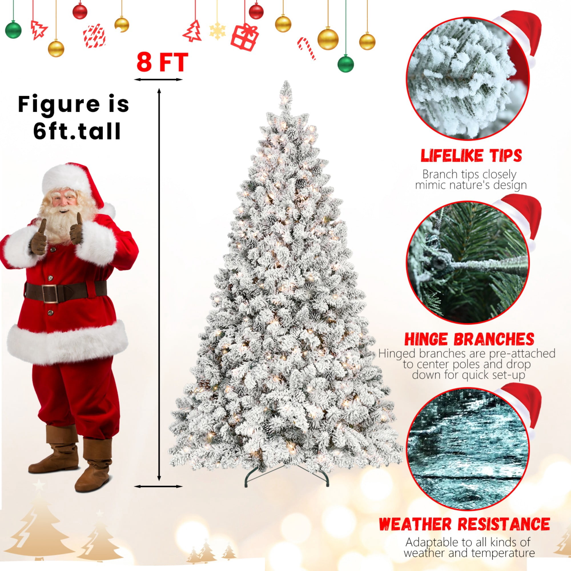 DEALTOPS 8 FT Snow-Flocked Pre-Lit Artificial Christmas Tree, 1754 Tips & 700 UL Lights, Pine Cones & Stand