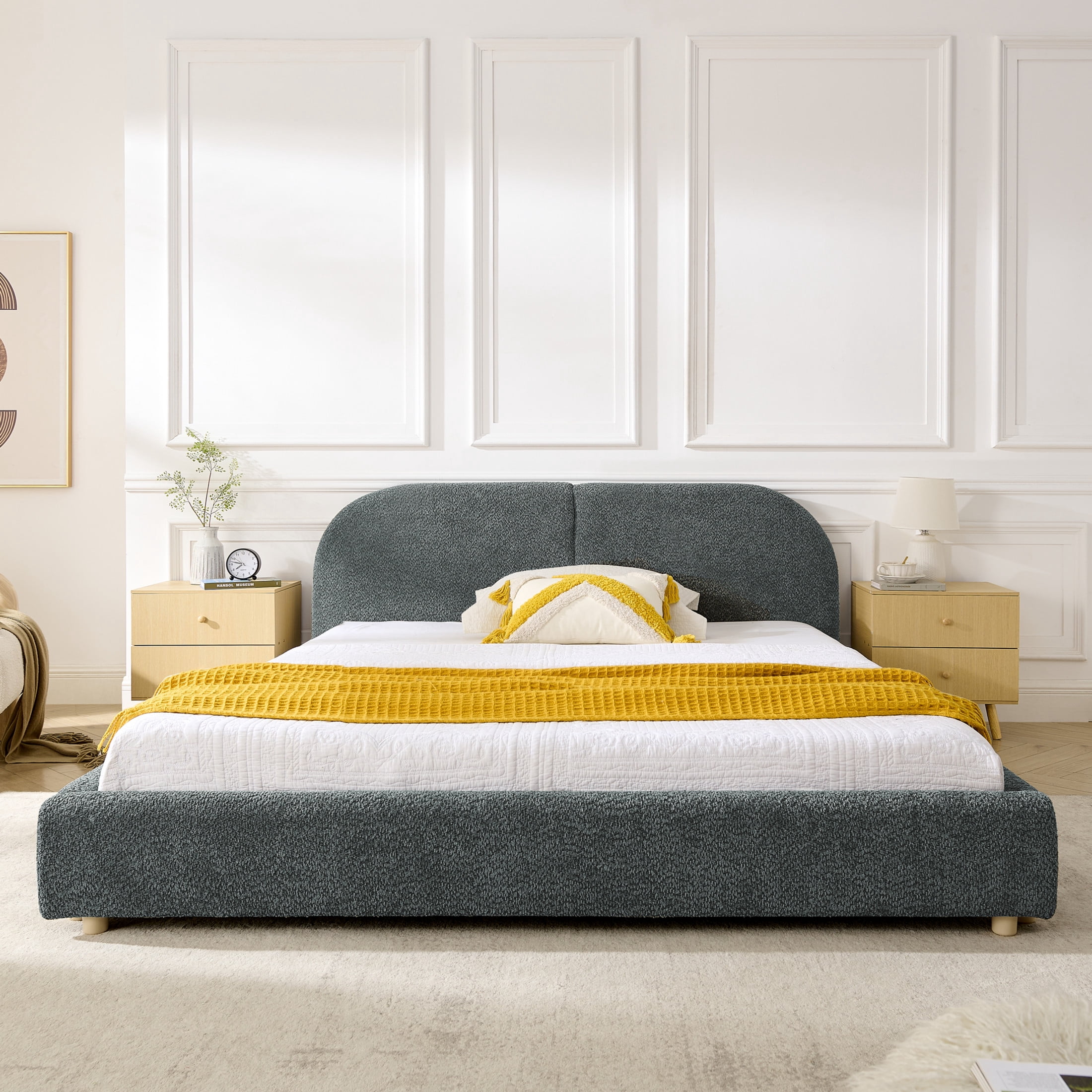 Noble House Roland Queen Size Yarn Upholstered Bed Frame, Tall Curved Headboard Platform Bed, Sturdy Support, Dark Gray