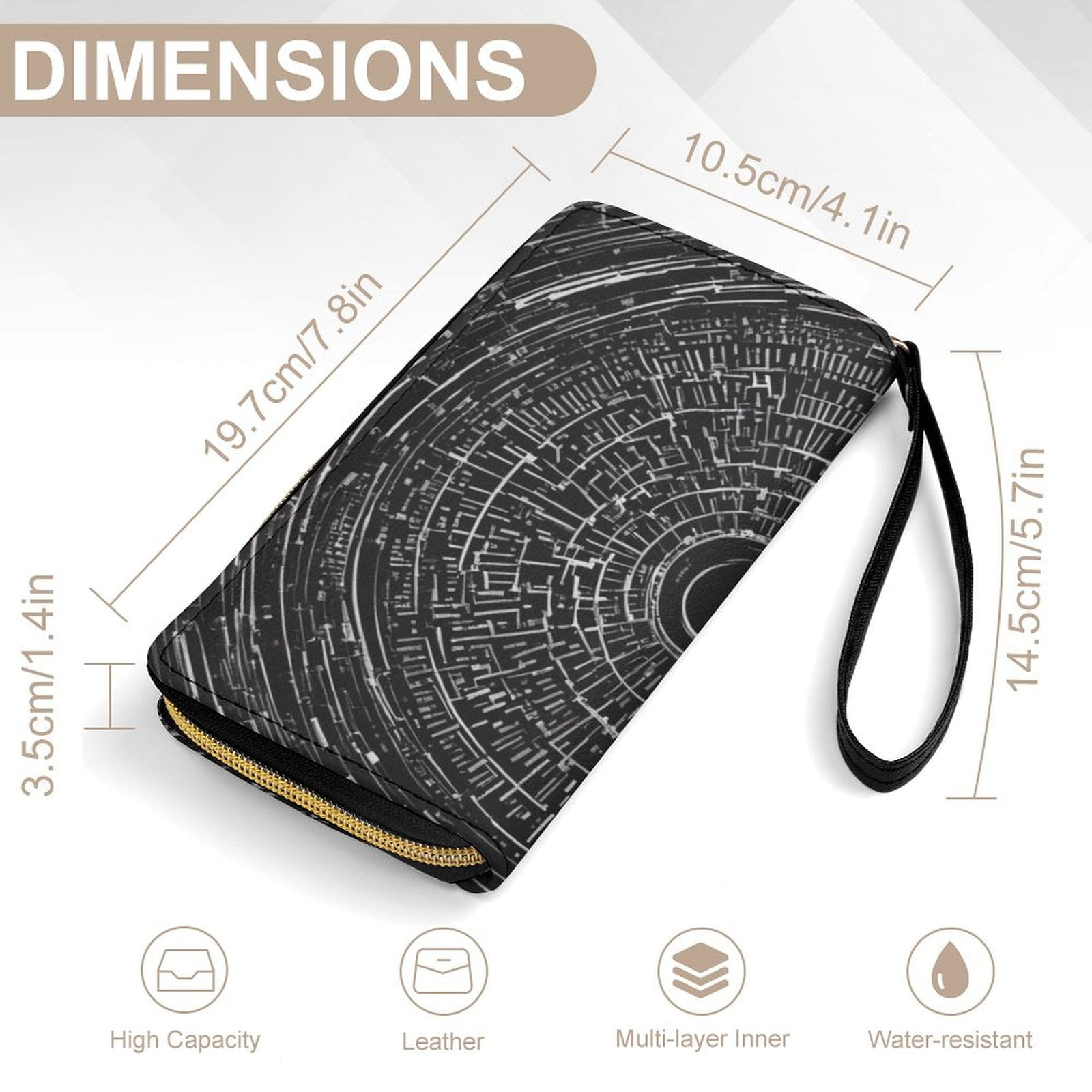 Womens Wallet Bifold Ladies Cluth Bag Wristlet Wrist Strap Long Purse Boho Black Circle Design