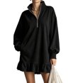 thumbnail image 2 of Womens Half Zip Stand Collar Ruffle Hem Mini Sweatshirt Dress, Oversized Drop Shoulder Long Sleeve Loose Casual Street Loungewear Short Dress M, 2 of 7