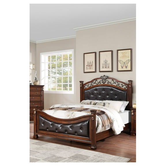 California King Bed, Tufted Faux Leather, Dark Wood Frame, Traditional Design, Box Spring Required