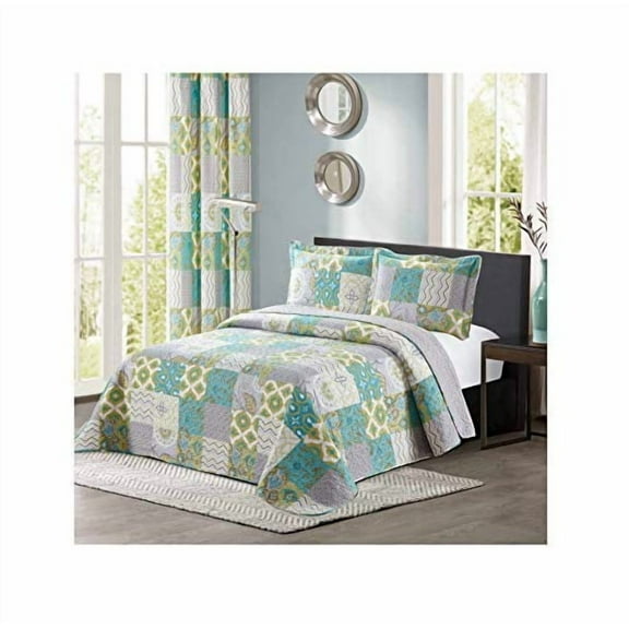 All American Collection New 3pc Printed Modern Geometric Bedspread Coverlet Quilt Set Matching Curtains Available (Full/Queen Size, Blue/Green & Yellow)