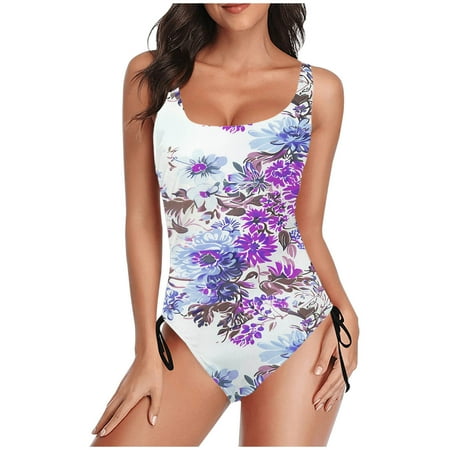 TrendVibe365 Swimsuits for Women One Piece Purple Bathing Suits Thong Adjustable Shoulder Strap Floral Swimwear Beachwear L