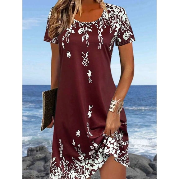 Burgundy Floral Print Short Sleeve Relaxed Fit Midi Dress For Women, Lightweight Casual Vacation Style