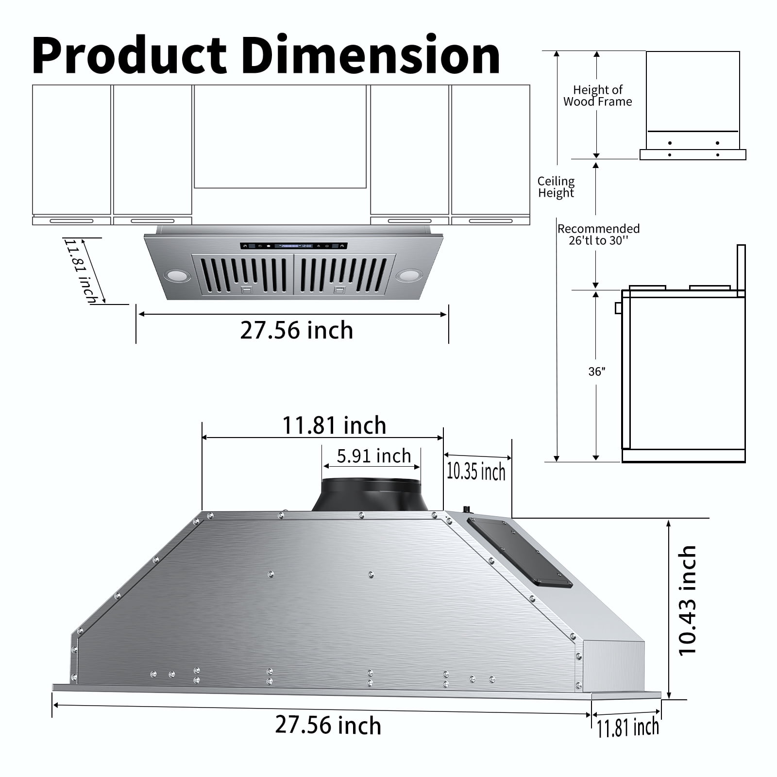 TABU 30 inch Under Cabinet Range Hood, 900 CFM Built-in Range Hood with 4 Speeds,Led Light,Stainless Steel