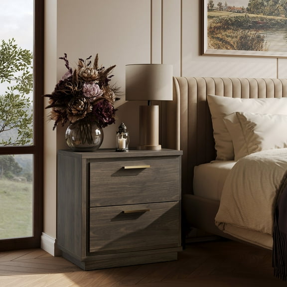 BELLEZE Nightstand Set of 2, 23.5" Wood End Table with 2 Drawers & Rose Gold Handles, Mid Century Modern Bedside Table with Pre-Assembled Drawer Slides for Bedroom and Living Room, Brown