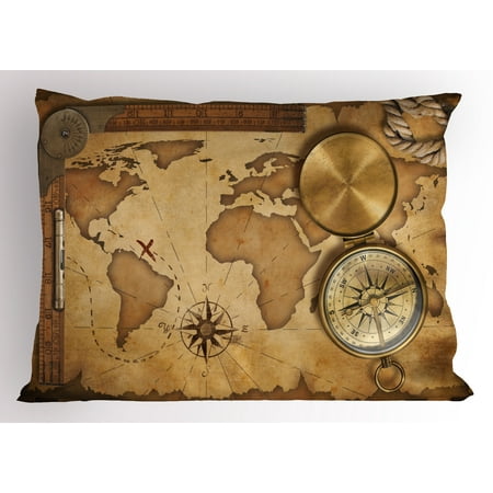 - Map Pillow Sham Aged Vintage Treasure Map Ruler Rope Old Compass Antique Adventure Discovery, Decorative Standard Size Printed Pillowcase, 26 X 20 Inches, Brown Pale Brown, by Ambesonne