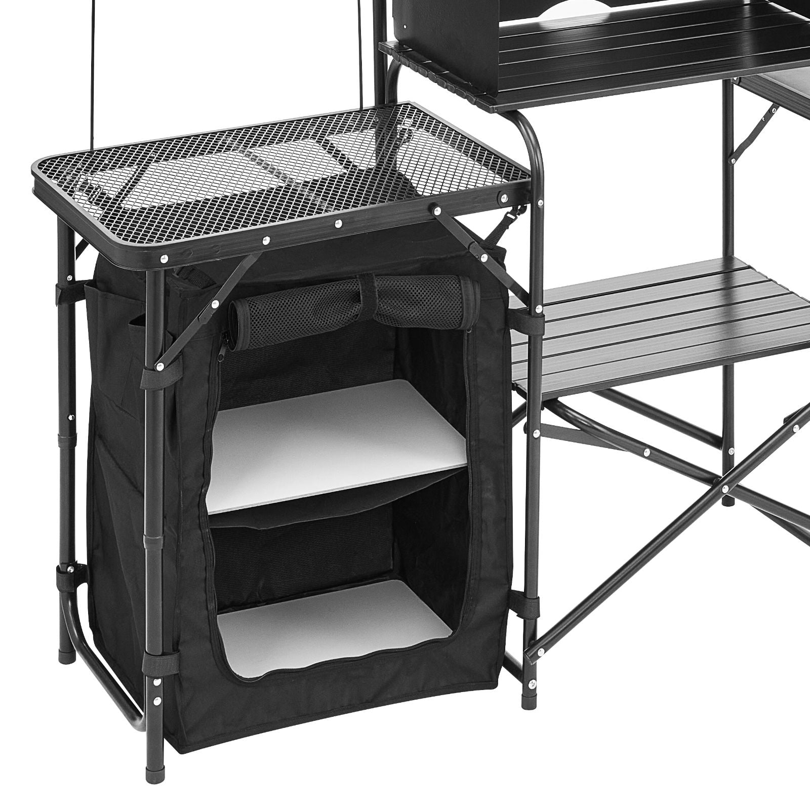Camping Kitchen Table, Outdoor Camp Cooking Table, Aluminum Portable Cook Station with Storage Cupboard, Carrying Bag, Detachable Windscreen, Quick Set-up for BBQ Party Picnic RV Travel, Black