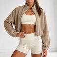 thumbnail image 2 of KHONTS Women's Full Zip Short Jacket Warm Winter Long Sleeve Stand Collar Sherpa Crop Coat Khaki M, 2 of 7