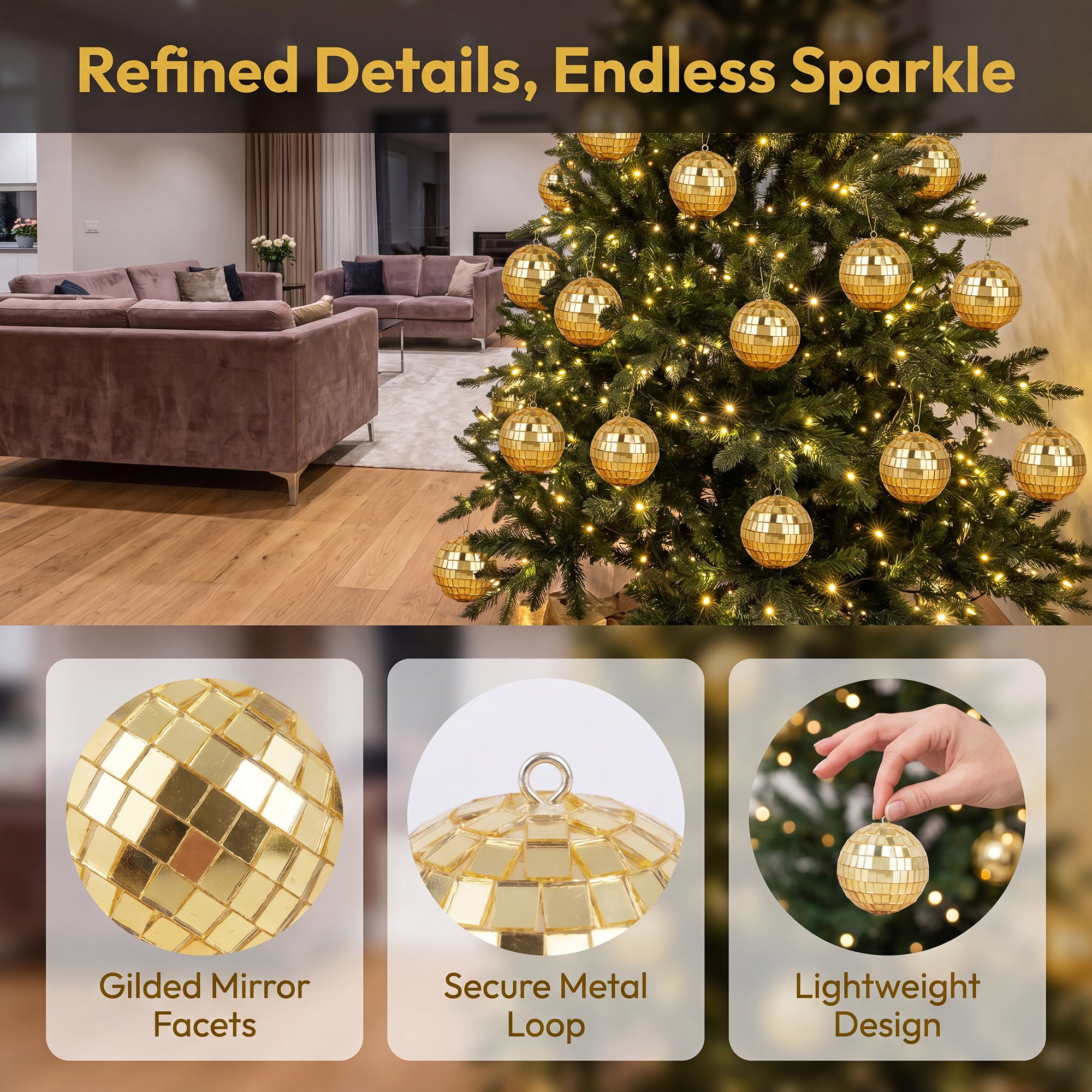 Unique Bargains 10Pcs Mirror Disco Balls for Hanging Sphere Orbs Gold 2"x2"x2"