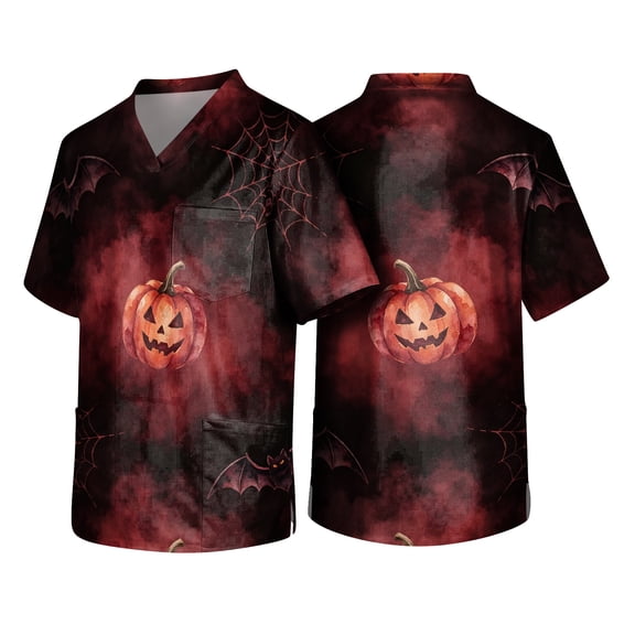 Men Halloween Scrub Tops V Neck Medical Uniform Short Sleeve All Over Print Lightweight Work Nursing Shirts Black 3XL