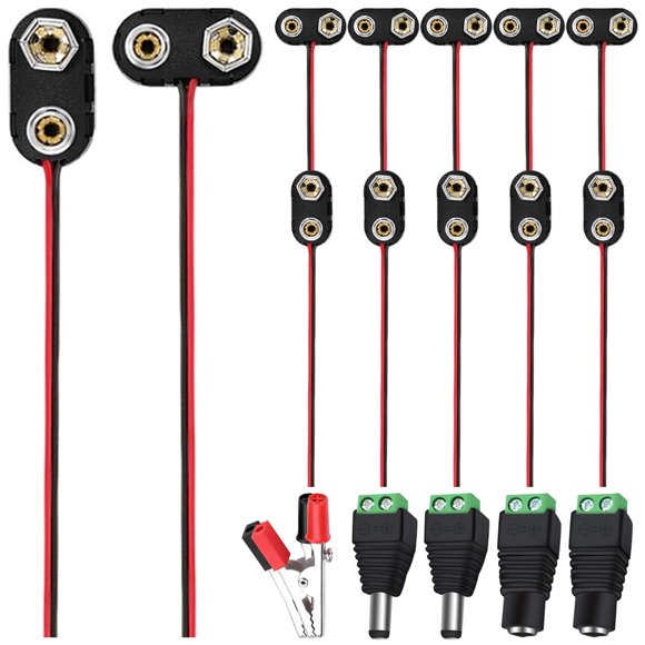 shiyou-12Pcs 9v Battery Connector Clip with UL1007 24AWG Leads Wires,I-Type/T-Type Plastic Housing Pigtail Snap with Alligator Clips,2.1mm X 5.5mm DC Male/Female Power Plug,for Arduino Led Light