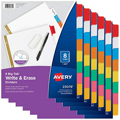 1 Set Write & Erase Multicolor Big Tabs 8-Tab Binder Dividers New Version 23079 