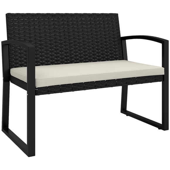 Outsunny 2 Seater Wicker Outdoor Bench Patio Loveseat with Cushion, Beige